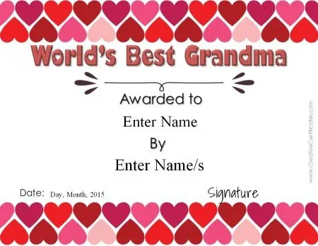 certificate with hearts at the top and bottom of the template to be awarded to grandmothers