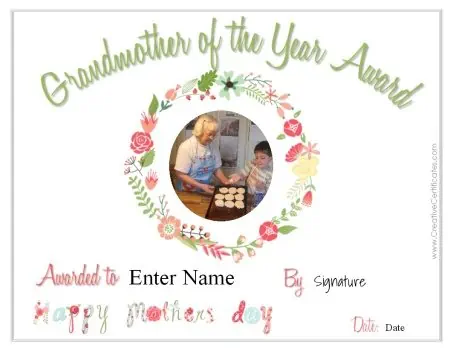 grandmother of the year award with space to insert a photo online