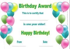 birthday certificate template with colored balloons and green text