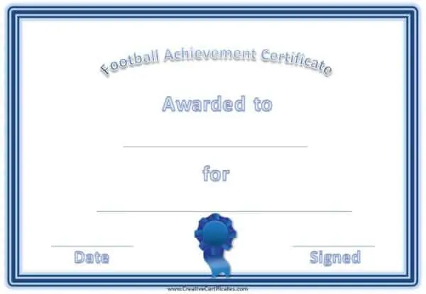 Football certificate with a blue border and a blue award ribbon