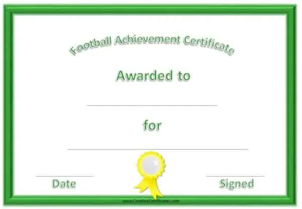 Football certificates with a green frame and a yellow award ribbon