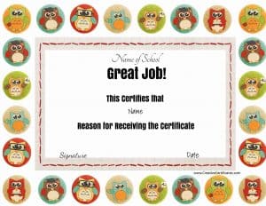Great job award with colored owls. The title "great job" and all other text can be changed.