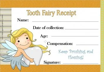 Tooth Fairy Certificate with an orange border and an image of the tooth fairy