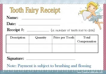 Tooth Fairy Receipt with a blue border and a picture of the tooth fairy holding a tooth