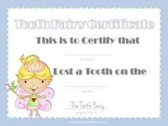 Tooth fairy certificate with blue border and picture of the tooth fairy