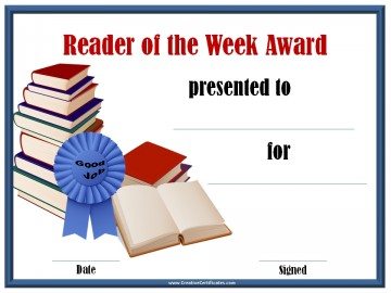 Reader of the week award certificate