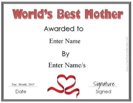 mother's day certificate that reads "World's Best Mother"