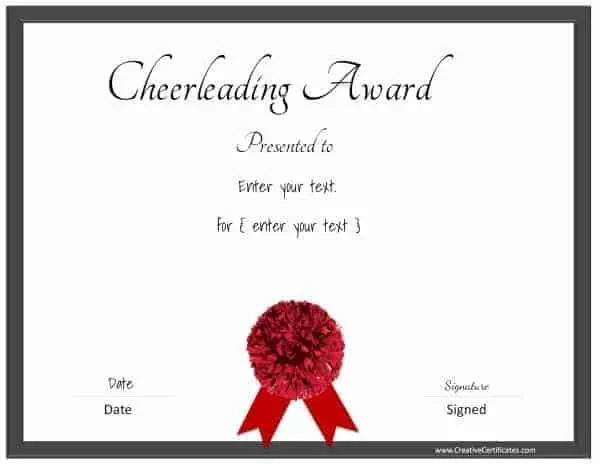 Black and red cheerleading certificate (black border and a red pom pom)