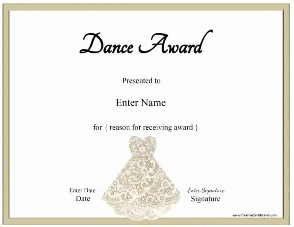 ballet certificate with a picture of a lace dress