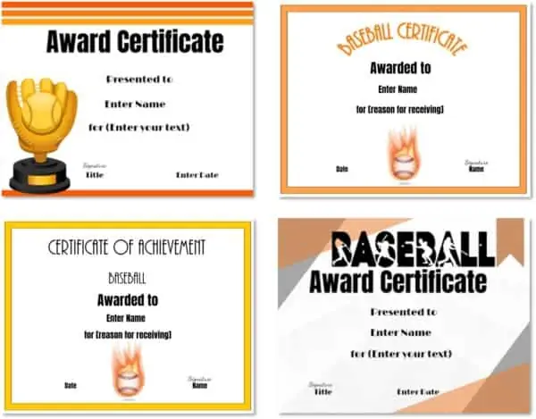 Baseball certificates