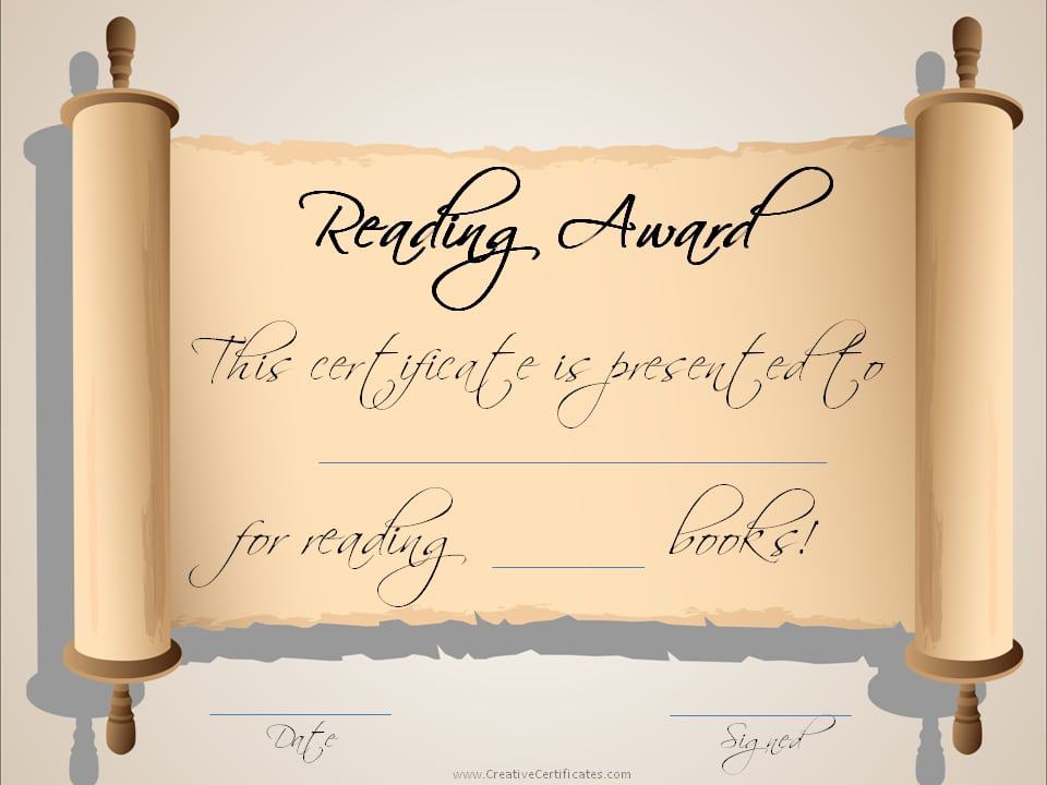 Free Editable Reading Certificate Templates Instant Download