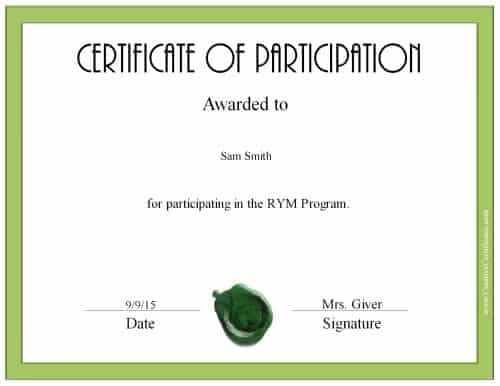 custom participation certificate with a green border and a green wax seal - Certificate Of Participation Word Template custom participation certificate with a green border and a green wax seal - Certificate Of Participation Word Template