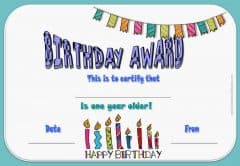 printable birthday certificate with purple adn orange text and pictures of gifts, balloons and a trophy