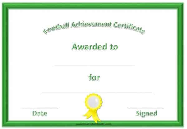 Football certificates with a green frame and a yellow award ribbon