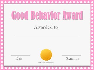 Good behavior award certificate with a pink border