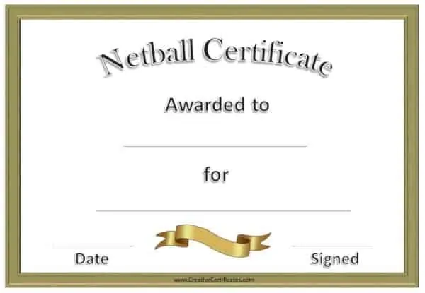 Netball Certificates with gold frame and gold ribbon