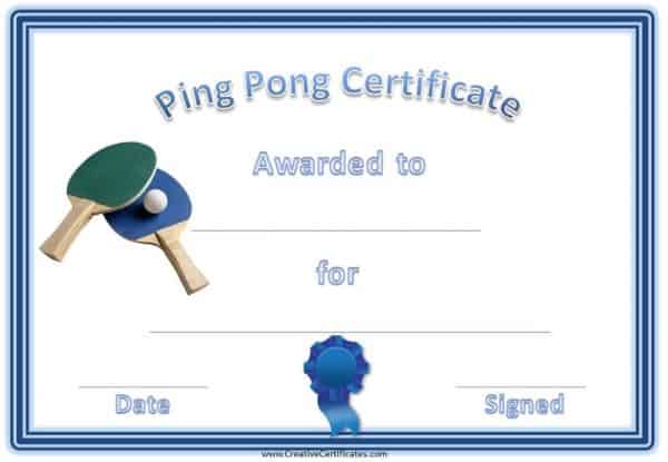 Ping Pong Certificate with a blue and green table tennis racket