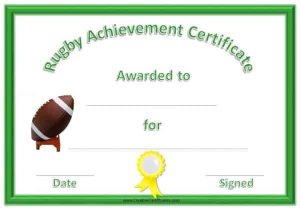 Sports Award which reads "rugby achievement certificate" with a green border and a yellow ribbon and a rugby ball