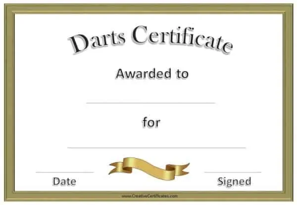 Darts certificates with a gold border and a gold ribbon