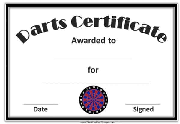 Darts award certificate with a black, red and blue dart board