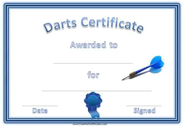 Darts award certificate with a blue dart, a blue border and a blue ribbon