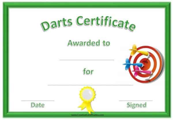Darts certificate with a green border, a red and white dart board and a yellow ribbon