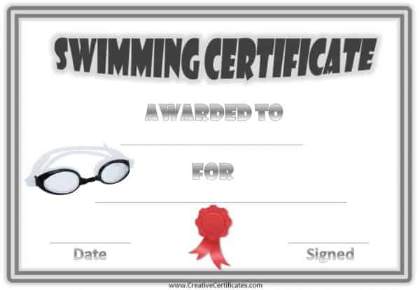 swimming award with a grey border, red ribbon and a picture of black goggles