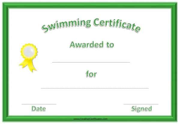Printable swimming certificate template with a green border and yellow ribbon on the left side