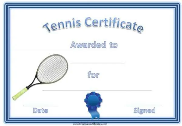 tennis certificate with a picture of a tennis racket