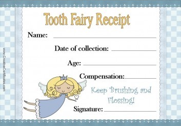 Tooth Fairy Certificate with a blue background and an image of the tooth fairy flying