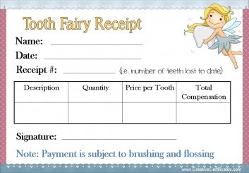 Tooth Fairy Receipt with a blue border and a picture of the tooth fairy holding a tooth