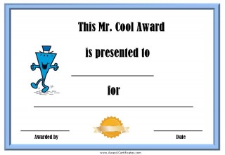 certificate for being cool with a blue border and a picture of Mr Cool