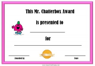 award certificate for someone who does not stop talking with a picture of Mr Chatterbox