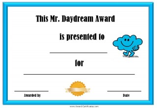 Printable certificate for a daydreamer with a picture of Mr Daydream