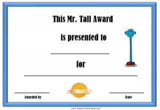 certificate for being tall with a picture of Mr Tall