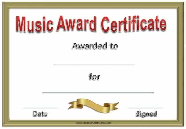 music award certificate with gold border, gold ribbon and red text