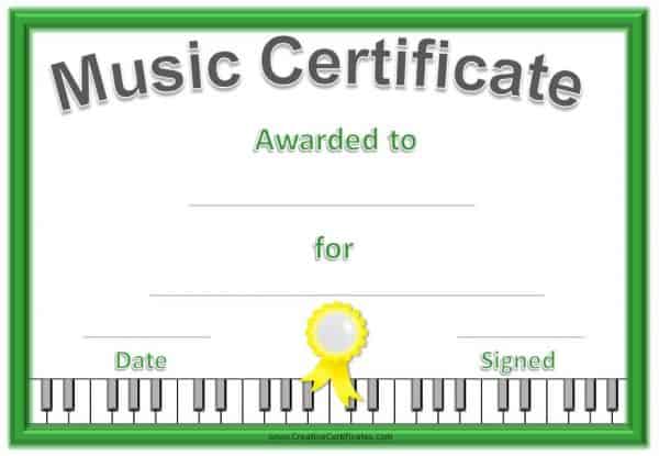 free printable certificate with a green border, a yellow ribbon and piano keys