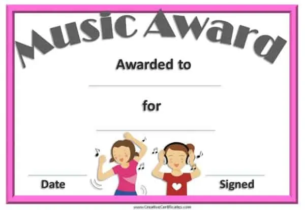 music certificate with an image of two kids listening to music