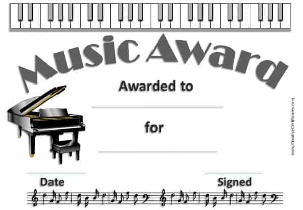 certificate with picture of a piano