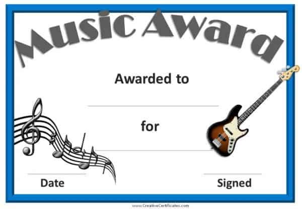 certificate with a picture of a guitar