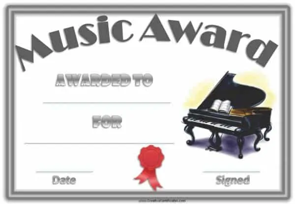 music award with an image of a piano, a double grey border and a red ribbon