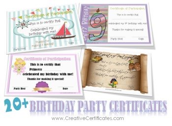 Birthday party guest certificates