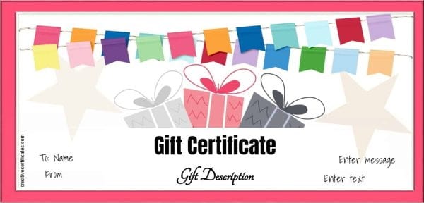 gift certificate with red border , colored banner and three gifts
