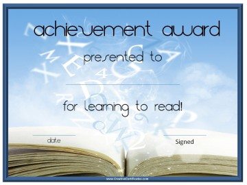 Achievement award certificate for learning to read
