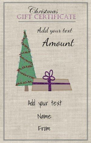 Gift card with a fabric background and a Christmas tree with a wrapped gift under it