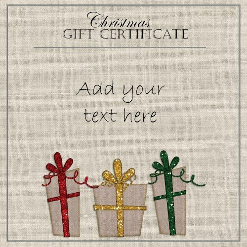 elegant gift certificate template with three gifts with red, yellow and green ribbons
