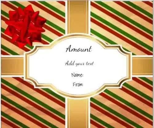 gift shaped gift certificate with gold ribbons across the gift and a big red ribbon on the top left side