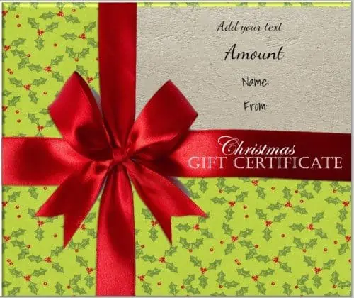 gift shaped gift certificate with green wrapping paper and little pictures of holly and a red ribbon