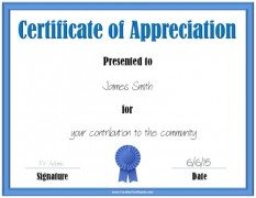 Printable certificate of appreciation with a blue border and a blue award ribbon