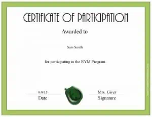 custom participation certificate with a green border and a green wax seal